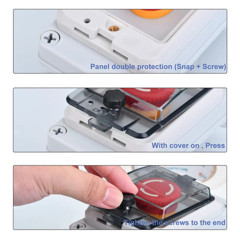 Close-up installation of Rugged Outdoor Emergency Stop Button With Box Waterproof E Stop Push Button Switch IP67 Weatherproof 660V 10A