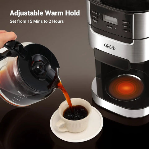 Close-up of 10 Cup Drip Coffee Maker With Built-In Burr Grinder And Programmable Timer For Fresh Ground Coffee Auto Keep-Warm 1.5L Water Tank Reusable Filter Black with coffee being poured into a cup.