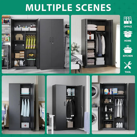 Lockable Steel Storage Cabinet With Locking Door 72 Inch Freestanding Wardrobe shown in various settings for multi-use storage