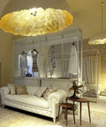 Modern Semicircle Pendant Light With Eggshell Chandelier Design For Bedroom Dining Room And Cafe Super Sleek LED ceiling lamp in stylish interior.