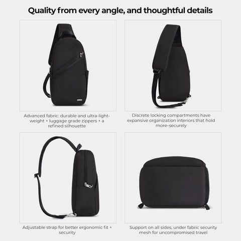 Image of Anti Theft Sling Bag with locking zippers and RFID blocking slots, showcasing slash resistant panels and padded strap.
