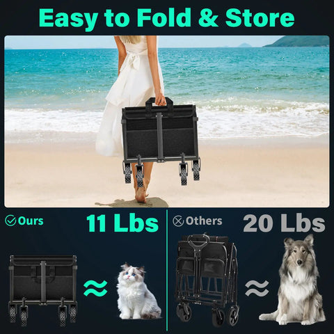 Person holding collapsible wagon cart with wheels, ultra portable foldable all terrain utility wagon, easy to carry on beach