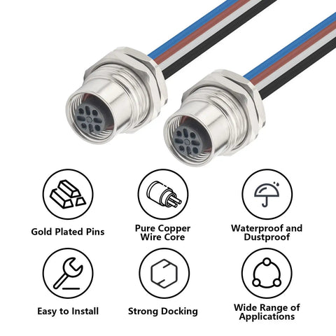 Industrial M12 A Coded 4 Pin Female Field Wireable Connector Panel Mount 16mm Aviation Style IP67 Waterproof Rear Mount