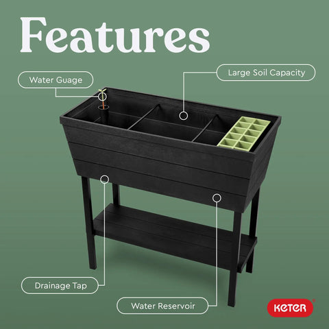 Urban Bloomer 12.7 Gallon Raised Garden Bed Planter With Self Watering Gauge and Drainage Plug in dark grey, front view