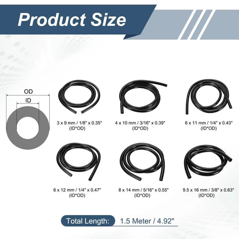 Premium Six Piece Vacuum Hose Kit With Premium Silicone For Strong Suction Up To 43 PSI Pressure Black Flexible Air Intake Lines Great For Automotive And Garage Projects size chart with 6 hose diameters
