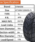 ATV All Terrain Tires Set Of 2 16x8-7 200/55-7 4PR Tubeless Street Ready specs chart with tire side view