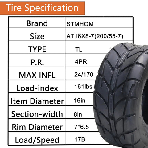ATV All Terrain Tires Set Of 2 16x8-7 200/55-7 4PR Tubeless Street Ready specs chart with tire side view