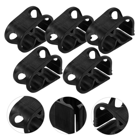 Heavy Duty Water Flow Control Hose Clamp Set For DIY Beer Brewing And Siphoning Bottle Filling Water Piping And Irrigation 5 Plastic Adjustable Clips Leak Free Secure Closure, showing black plastic clips with circular ends and inner grooves for secure fit.
