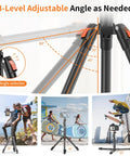 Diagram showing adjustable angles of 75 Inch Extendable Camera Tripod With Remote Shutter and 360 Degree Ball Head, ideal for vlogging.