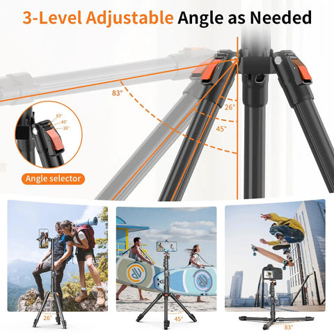 Diagram showing adjustable angles of 75 Inch Extendable Camera Tripod With Remote Shutter and 360 Degree Ball Head, ideal for vlogging.