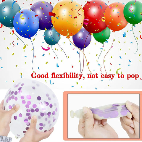 Sixty Eight Piece Pink And Purple Balloons Set 12 Inch Metallic Latex Party Decor With Ribbon Ties for Weddings Birthdays and Baby Showers, shown inflated.