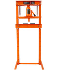Solid Hydraulic Shop Press With Adjustable Table And Steel Plates 12 Ton Capacity Floor Mount H Frame Garage Powerhouse front view.