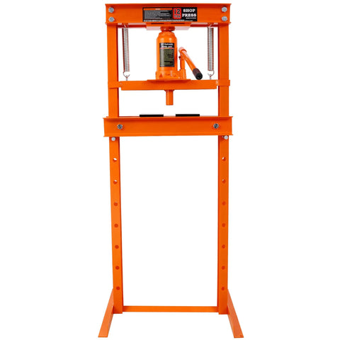 Solid Hydraulic Shop Press With Adjustable Table And Steel Plates 12 Ton Capacity Floor Mount H Frame Garage Powerhouse front view.