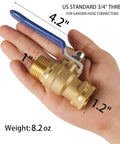 Person holding Heavy Duty Garden Hose Shut Off Valve With Long Handle High Flow Brass Three Quarter Inch GHT Ball Valve For Fast Water Shutoff