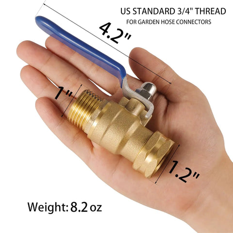 Person holding Heavy Duty Garden Hose Shut Off Valve With Long Handle High Flow Brass Three Quarter Inch GHT Ball Valve For Fast Water Shutoff