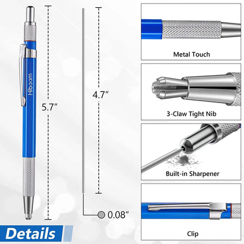 4 Pack Welders Pencils with 48 Silver Round Refills, metal marker pen with built-in sharpener and clip, 2mm refill details