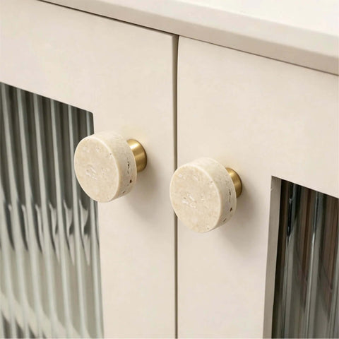 Set Of Six Natural Stone Cabinet Knobs And Round Marble Drawer Pulls With Solid Brass Base For Kitchen Cabinets And Bathroom Vanities Adding Swanky Charm That Is Built Like A Tank And Feels Dead Legit, showing close-up marble knobs on cabinet.