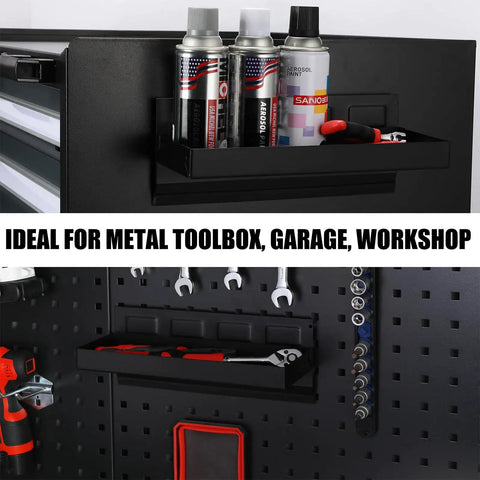 Magnetic Tool Tray 12 By 4.5 By 1.25 Inches Built Tough Heavy Duty Steel Parts Organizer in use on toolbox and pegboard