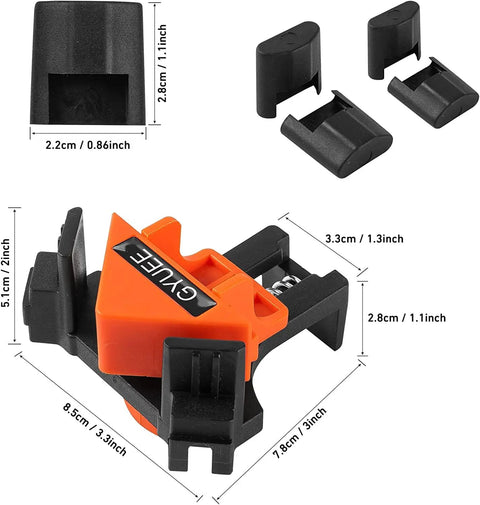 90 Degree Angle Clamps For Woodworking Corner Clip Right Angle Fixer 4 Pack in orange and black with dimensions shown