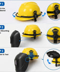 Premium Heavy Duty Welding Helmet Adapter Quick Release Hard Hat Mount showing installation steps for auto darkening mask on yellow hard hat.