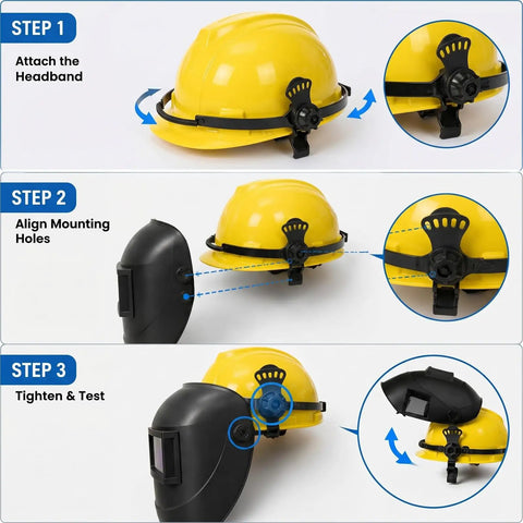 Premium Heavy Duty Welding Helmet Adapter Quick Release Hard Hat Mount showing installation steps for auto darkening mask on yellow hard hat.