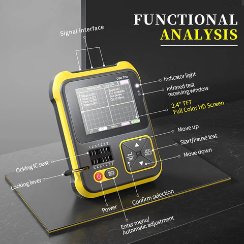 2 In 1 Handheld Digital Oscilloscope And LCR Transistor Tester Kit showing controls and screen on integrated hidden stand.