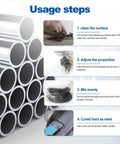 Flinemon Metal Glue epoxy adhesive usage infographic with stacked metal pipes and four step instructions