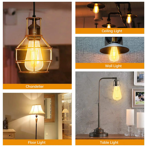 Dimmable LED Edison Bulbs 8W, 60W Equivalent, E26 Filament Vintage Look in various lighting fixtures: chandelier, wall light, table lamp.