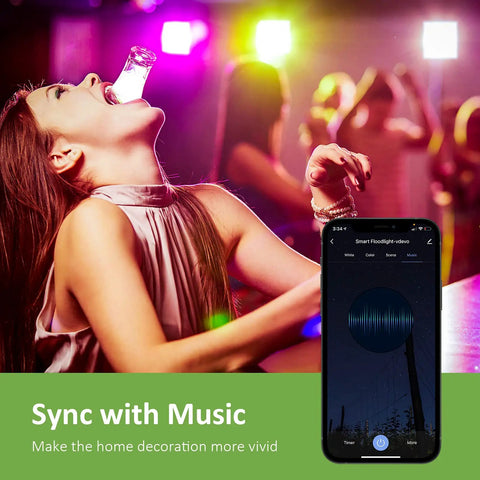 Smart RGB LED Flood Light 25W Tunable White 2700K-6500K Outdoor Uplights sync with music app control in party scene.