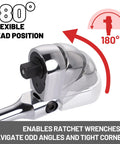 Three Eighth Inch Drive Flex Head Ratchet With Long Handle That Helps You Squeeze Into Tight Spots 72 Tooth Quick Release Swivel Socket Wrench CrMo Head Flexible Handle 18 Inch Length For Tight Space Access showing 180-degree swivel