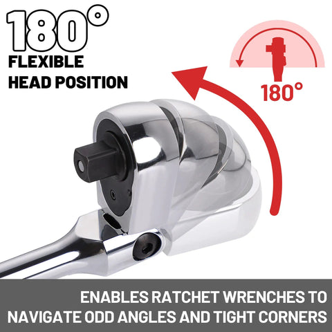 Three Eighth Inch Drive Flex Head Ratchet With Long Handle That Helps You Squeeze Into Tight Spots 72 Tooth Quick Release Swivel Socket Wrench CrMo Head Flexible Handle 18 Inch Length For Tight Space Access showing 180-degree swivel