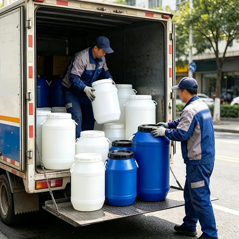 Workers loading Go To Large Open Top Plastic Storage Barrel 30L HDPE Drum With Wide Mouth Screw Lid And Lock Ring into a truck