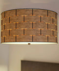 Shaker 3 Light Flush Mount Fixture In Brown Finish With Blackened Bronze Frame And Woven Wood Detailing, Casual Modern Rustic Ceiling Light For Dining Rooms Breakfast Nooks And Urban Loft Vibes, 7.5 In Height 15 In Width 15 In Depth