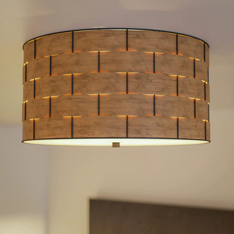 Shaker 3 Light Flush Mount Fixture In Brown Finish With Blackened Bronze Frame And Woven Wood Detailing, Casual Modern Rustic Ceiling Light For Dining Rooms Breakfast Nooks And Urban Loft Vibes, 7.5 In Height 15 In Width 15 In Depth