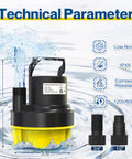 Workhorse Half Horsepower Submersible Water Pump With 2200GPH, yellow pump technical parameters displayed on water background