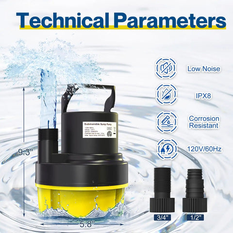 Workhorse Half Horsepower Submersible Water Pump With 2200GPH, yellow pump technical parameters displayed on water background