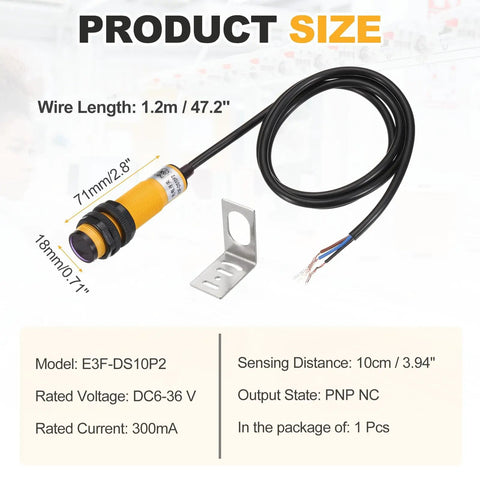 E3F-DS10P2 Photoelectric Sensor For Industrial Automation with M18 Diffuse Reflection, 10 cm range, and mounting bracket