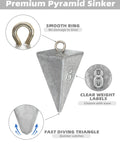 Pyramid Lead Fishing Sinkers For Saltwater 3oz Each 5 Pack Beefy Pyramid Weights For Long Casts And Quick Sinking Ideal For Sandy Or Muddy Bottoms And Strong Currents, featuring smooth ring and clear weight label.