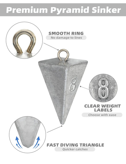 Pyramid Lead Fishing Sinkers For Saltwater 3oz Each 5 Pack Beefy Pyramid Weights For Long Casts And Quick Sinking Ideal For Sandy Or Muddy Bottoms And Strong Currents, featuring smooth ring and clear weight label.