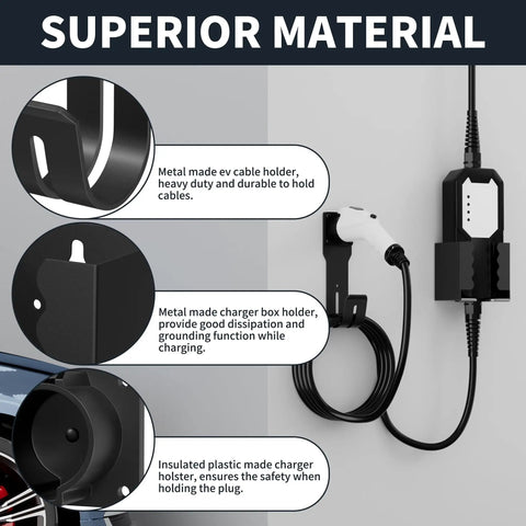 Built Tough EV Charger Holder Wall Mount Kit With J1772 Cable Dock showing heavy duty metal holder and insulated plastic features.