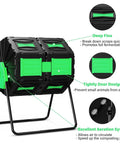 Rotating Dual Chamber Compost Bin With No Fuss Assembly And Fast Efficient Outdoor Composting For Yard Kitchen And Garden Waste 45 Gallon 170 Liter Capacity Green Door Ideal For Food Scraps Coffee Grounds Lawn Clippings And Garden Waste In Any Climate, features and benefits displayed.