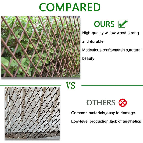 Expandable Willow Lattice Fence Panel compared to other materials, highlighting strength and durability, for climbing vines outdoors.
