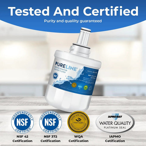 Replacement Water Filter For Samsung Refrigerators Fits DA29-00003G shown with certifications on label