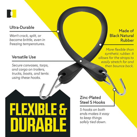50 Pack Tarp Straps For Flatbed Trailers 9 Inch Long Natural Rubber Bungee Tie Downs With Metal S Hooks, flexible and durable.
