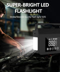 Man using Beefy 4000A Jump Starter With Air Compressor for car battery with LED light and display in garage
