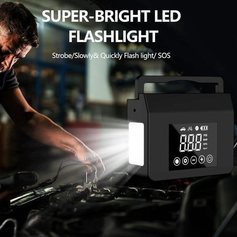 Man using Beefy 4000A Jump Starter With Air Compressor for car battery with LED light and display in garage
