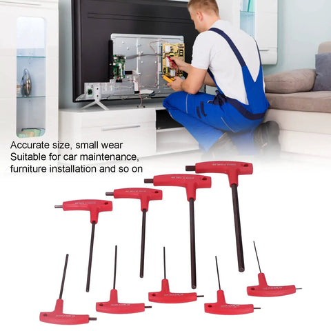 Premium S2 Steel Hex Key Set With T Handle Tools For Automotive Repair And Machinery Maintenance, Featuring Rust Coating And Durable Metric Wrench Kit That Slays Any Tight Bolt Job. Red metric T-handle hex keys for TV and machinery repair