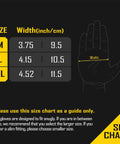 Disposable nitrile gloves size chart showing M, L, XL width measurements with a hand outline