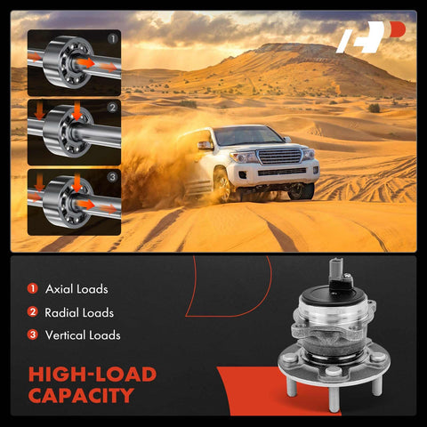 High-load capacity rear wheel bearing and hub assembly with ABS shown with desert terrain background and load capacity details.