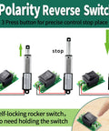 Tiny 2 Inch Stroke 12V DC Linear Actuator With Controller Kit 64N diagram showcasing polarity reverse switch and rocker switch operation.